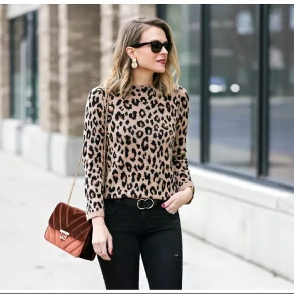 Ann Taylor Womens XS Leopard Print Wool Blend Mock Neck Knit Sweater Brown - Picture 3 of 13